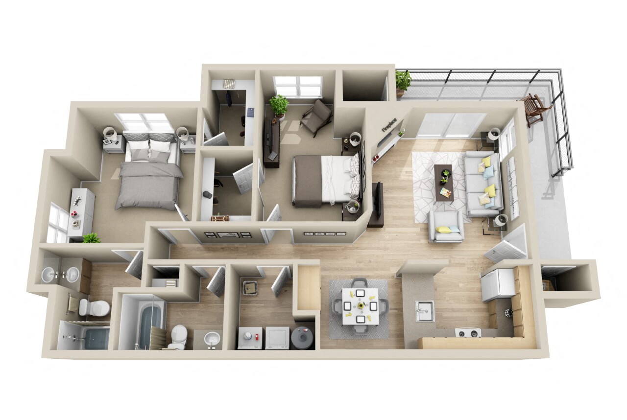 Floor plan for 2 beds, 2 baths, 1121 sqft